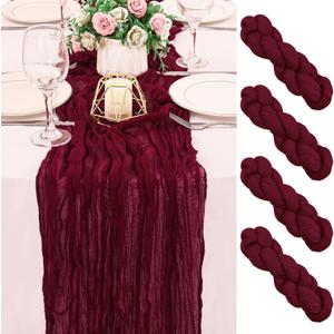 4 Pack 120 Inch Burgundy Cheesecloth Table Runner Boho Rustic Gauze Sheer Romantic 10 FT Long Cheese Cloth Table Runner for Bridal Baby Shower Wedding Party Birthday Holiday Home Easter Decor
