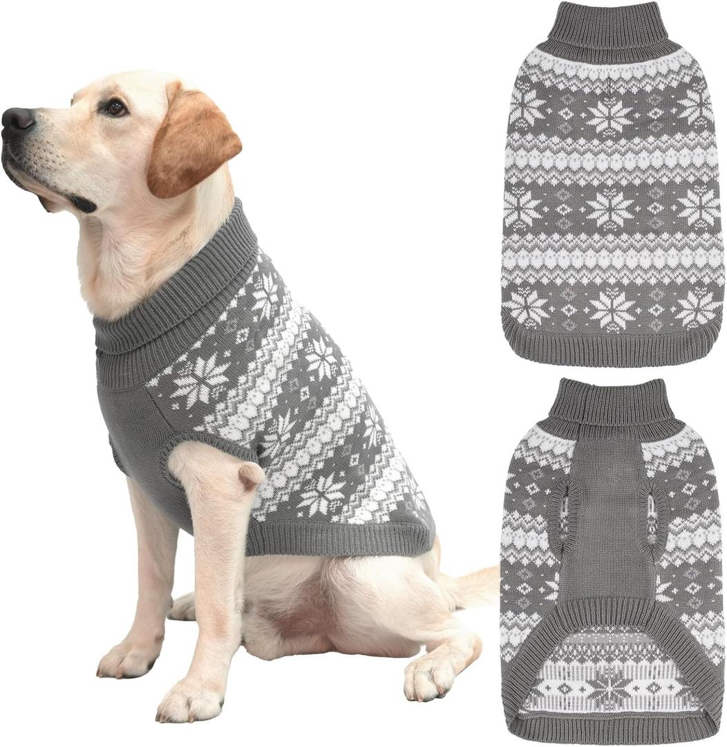 KOOLTAIL Cable Knit Dog Sweater Turtleneck, Cold Weather Pullover Classic Knitwear, Snowflake Pattern Thick Warm Winter Pet Clothes, Dog Christmas Sweater for Small Medium Large Dogs Cats, Grey M