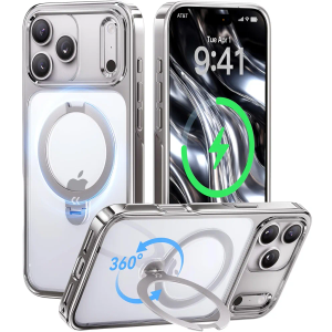 CASEKOO Glossy Silver for iPhone 17 Pro Case with 360 Spin Magnetic Stand [Fit for MagSafe][17FT Military Protection] Slim Polished Chrome Frame Titanium Alloy Sturdy Stand 6.3", Silver