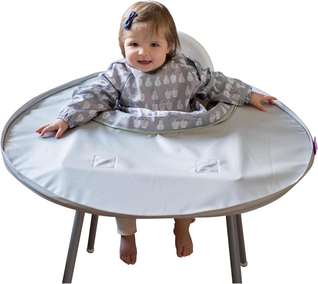 Tidy Tot- Baby Bib & Tray Kit - Mess Proof Long Sleeve Smock Attaches to Feeding Mat, Waterproof Bib - Fits Babies 6-24 Month (Dove Grey)