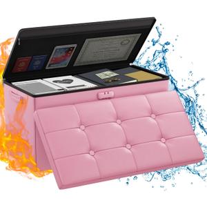 ENGPOW Storage Ottoman Bench,Fireproof Folding Bench with Lock,30 Inches FireWater Resistant Storage Chest Foot Rest Stool Leather Bedroom Ottoman Safe for Documents,Valuables, Pink, 15"D x 30"W x 15"H