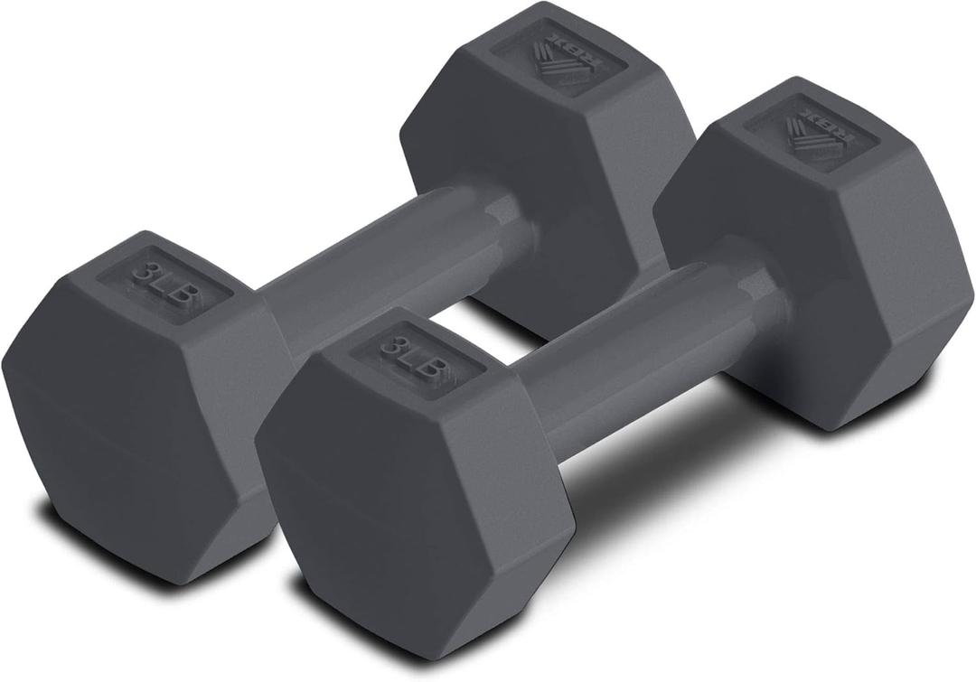 RBX Vinyl Coated Hand Weight Dumbbell Set - Hex Shaped, Roll Free for Body Building/Sculpting/Strength Training Exercise, (Set of 2) (3lb, Grey)