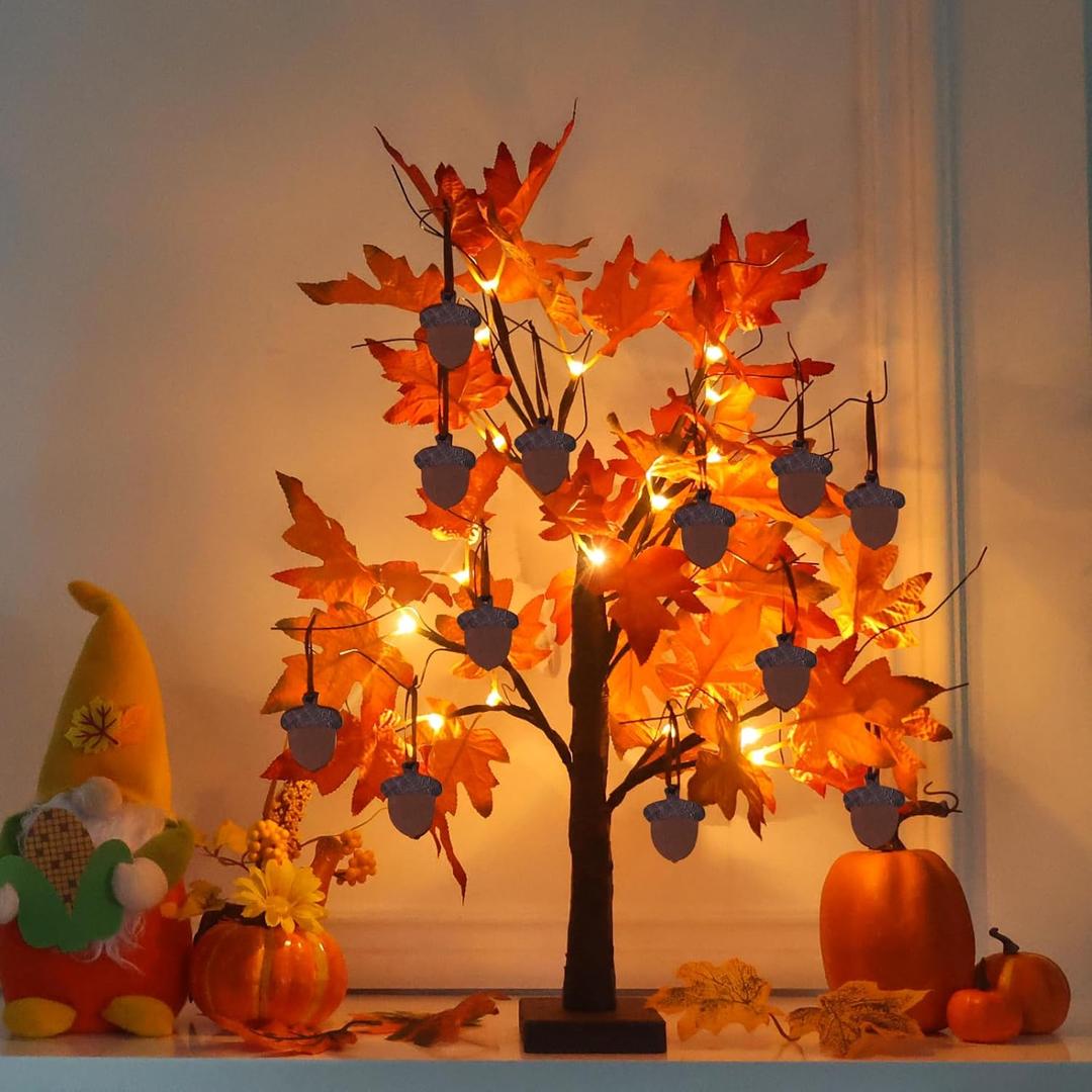 YEAHOME Fall Decorations for Home, Thanksgiving Decorations, 24/2FT Lighted Fall Maple Leaves Tree with 24 LEDs for Autumn Decor, 12 Wood Acorns Ornaments Battery Powered Timer for Table Indoor