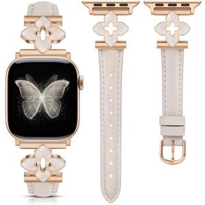 Minyee Compatible with Apple Watch Band 42/41/40/38/44/45/46/49mm Women, Slim Dressy Chic Premium Soft Leather Strap with Bling Dainty Flower Charm for iWatch Series 11 10 9 8 7 6 5 4 Ultra/SE 3 2 1