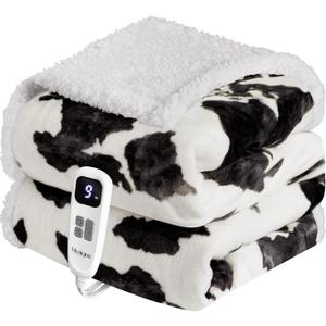 Heated Blanket Throw Electric Blanket  Fast Heating Blanket with 10 Heat Settings & 10 Hours Auto Off, Cow Print Blanket Cozy Soft Fleece Sherpa, Washable, Warm Gifts for Grandma (Throw 50" x 60", 12 - Black White Cow)