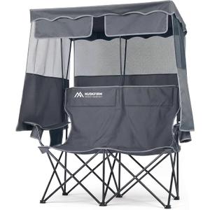 Double Camping Chair with Canopy,2 Person Folding Chair with Canopy, Grey, Standard