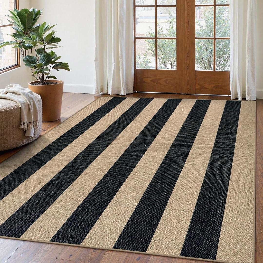 Lahome Elance Striped Easy Jute Outdoor Rug 5x7, Large Neutral Dining Living Room Rug, Farmhouse Non Slip Non Shedding Washable Indoor Outdoor Black Carpet for Office Deck Patio Backyard Bedroom