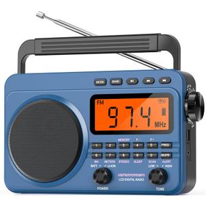 Digital AM FM Shortwave Radio with Best Reception,4000mAh Rechargeable Portable Radio with NOAA Weather Alert, Big Speaker, Digital Tuner and Stereo Earphone,Support Micro SD Card and USB MP3 Player (Blue)