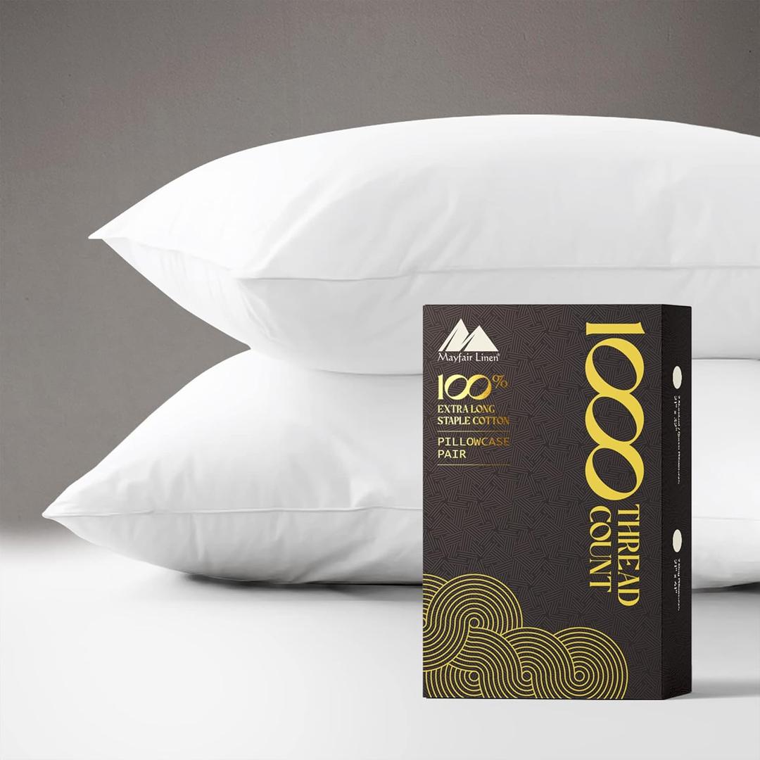 Mayfair Linen 100% Egyptian Cotton Pillow Cases King - 1000 Thread Count White King Pillow Cases Set of 2, Soft Cooling & Breathable Extra Long Staple Sateen Weave Cotton Pillowcases for King Pillows Mayfair Linen 100% Egyptian Cotton Pillow Cases King - 1000 Thread Count White King Pillow Cases Set of 2, Soft Cooling & Breathable Extra Long Staple Sateen Weave Cotton Pillowcases for King Pillows