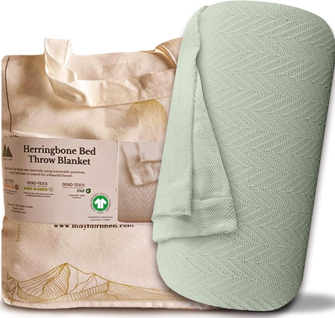 Mayfair Linen Knitted Geometric Herringbone Pattern Handwoven Blanket 100% Long Staple Cotton - Soft & Cozy Thermal All Season Throw for Bed Couch Chair Outdoors (Twin/Twin XL, Sage Green)