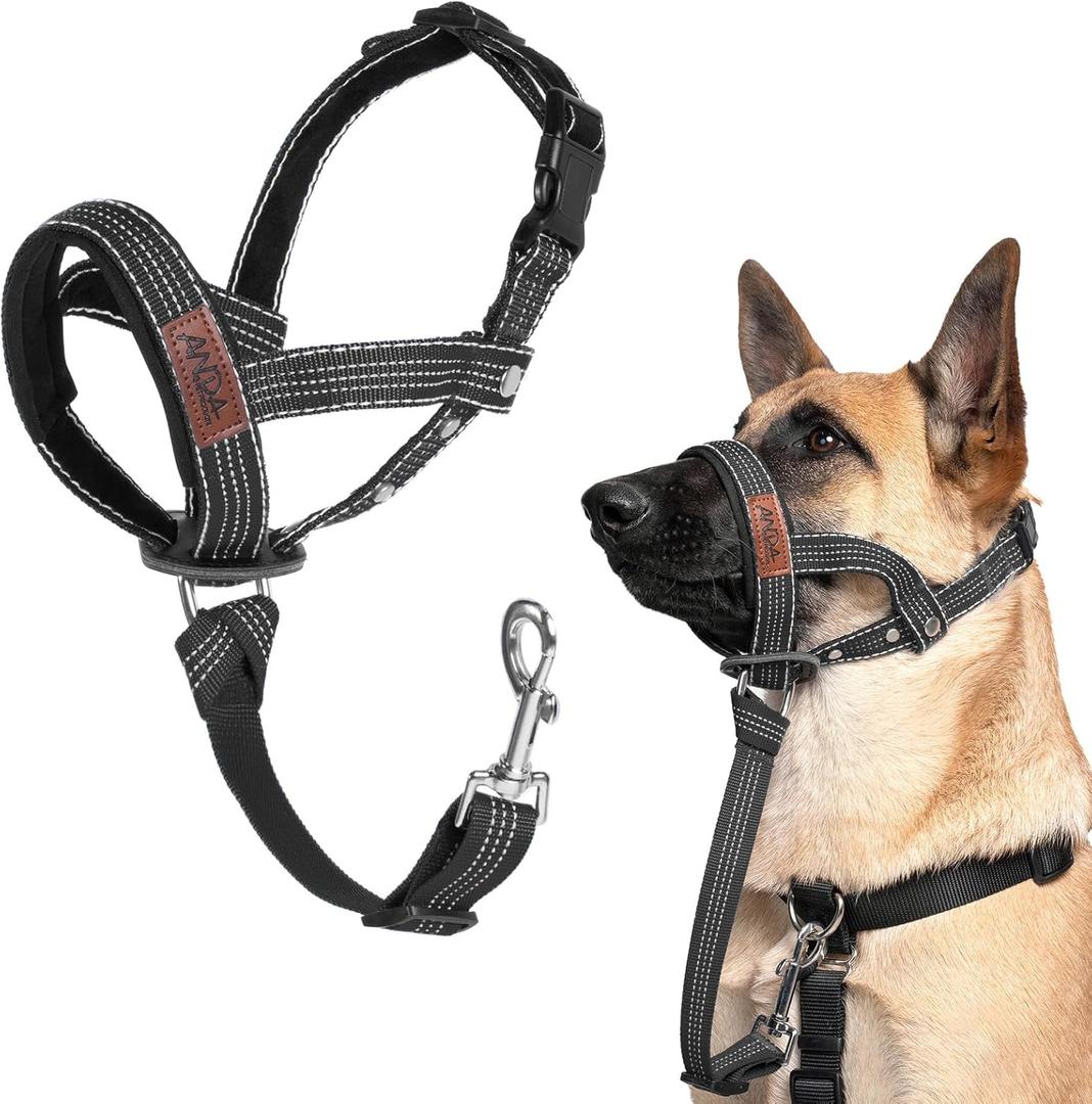 ANDA Ultra-Light No-Pull Gentle Leader for Dogs Headcollar: Adjustable, Breathable Comfort, Prevents Explosive Rushes, Ideal for Daily Use (Black, Size 1)( Snout 7.5-9.5 in/Neck 14.0-16.5 in))