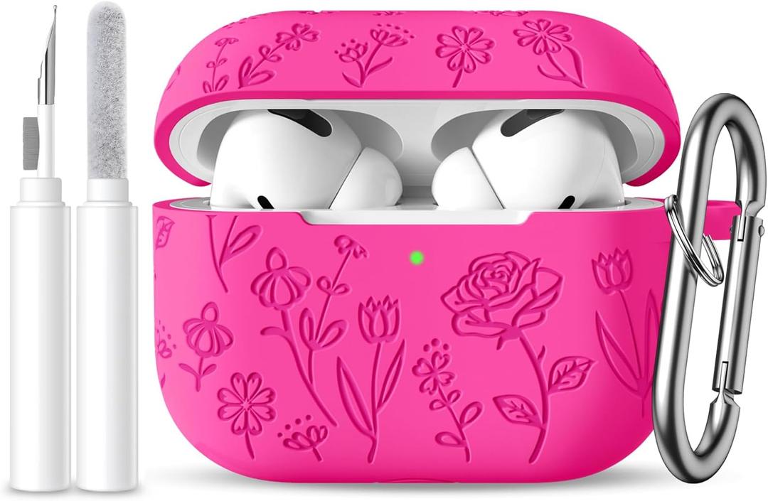 for AirPods Pro 2nd/1st Case with Cleaner Kit,Cute Rose Flower Engraved Soft Silicone Protective Compatible with Apple AirPods Pro 2/Airpod Pro Cover with Keychain,Front LED Visible,Rosepink