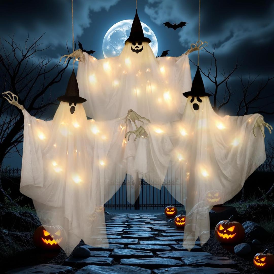 SUNBEAUTY Hanging Ghost, Halloween Decorations Outdoor/Indoor-3Pcs Ghost Decor with Light, Halloween Ornaments, Hallowee n Decor for Tree, Yard, Window, Garden (White Black - 3)