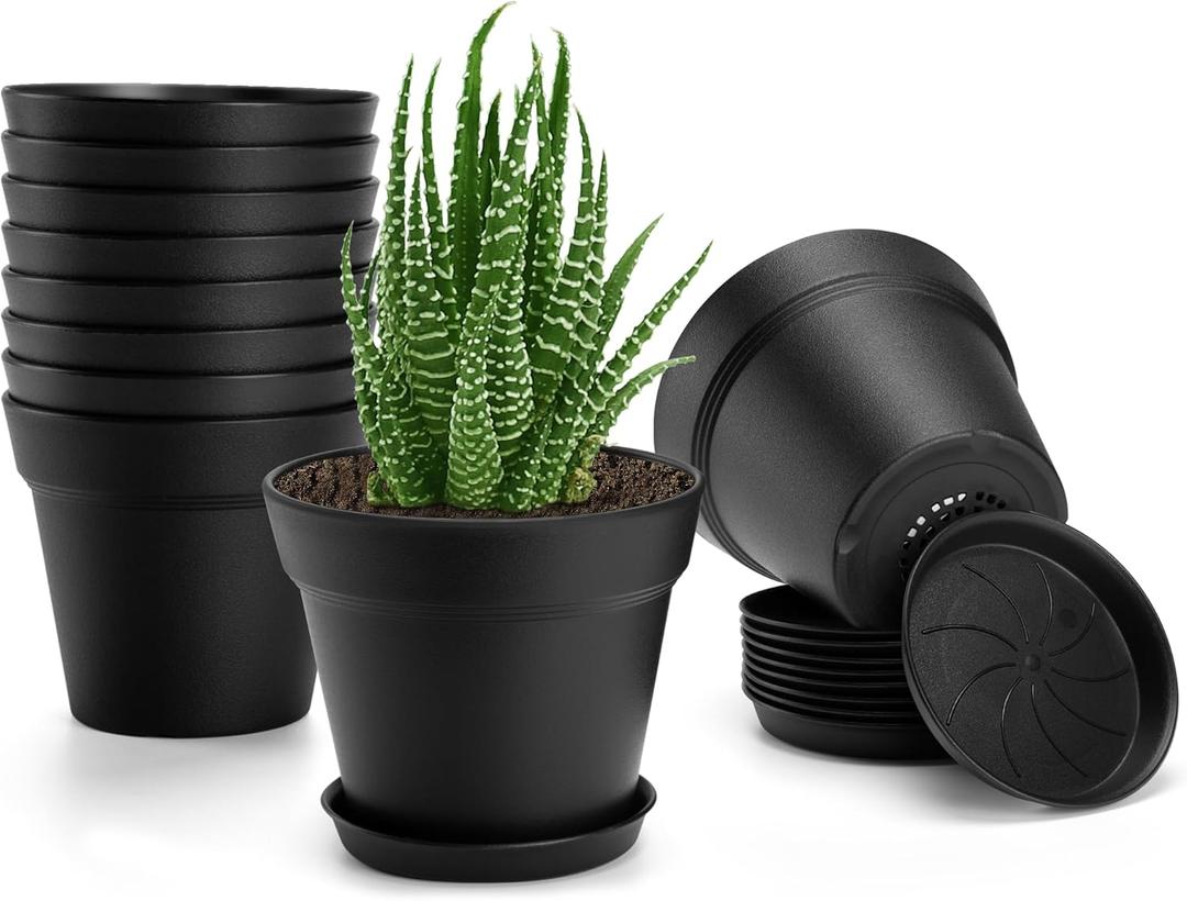 10 Pack Plastic Plant Pots with Drainage Holes and Tray, 6 inch Thickened Indoor Planters Seedlings Nursery Pots for Flowers, African Violet, Succulent and All House Plants, Black