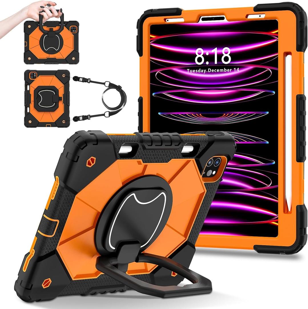 YOUULAR Tablet Case for Apple iPad Pro 11(2018/2020/2021/2022)/iPad air 4 10.9(2020)/iPad air 5 10.9(2022) Generation, Shockproof Protective Cover with Kickstand, Handle, Shoulder Strap Black Orange