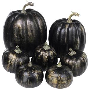 Winlyn 7 Pcs Assorted Artificial Gold Brush Black Pumpkins Rustic Decorative Halloween Faux Foam Pumpkins for Fall Halloween Thanksgiving Tabletop Centerpiece Mantel Kitchen Decor