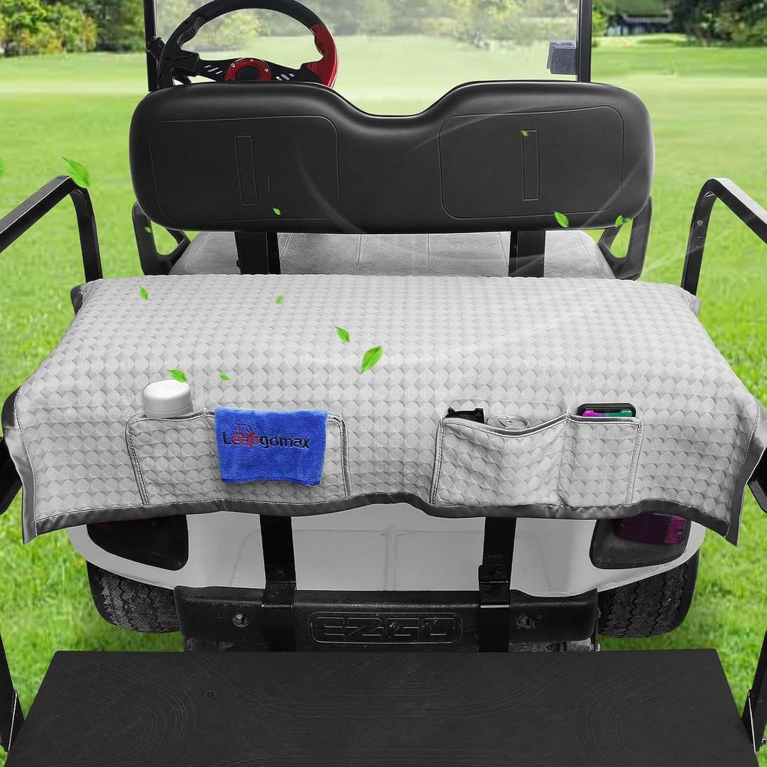 Golf Cart Rear Seat Cover, Universal Cooling Ice Silk Golf Cart Back Seat Blanket for EZGO Club Car Yamaha, Breathable Fabric with 4 Pockets and Safety Straps (48(L) x 28(W) in)