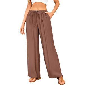 GUOLEZEEV Women Wide Leg Flowy Linen Pants Loose Drawstring Casual Pants Beach Vacation Trouser (S)