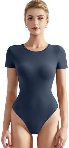SUUKSESS Women Crew Neck Short Sleeve Thong Bodysuit Shirts Basic Top, M