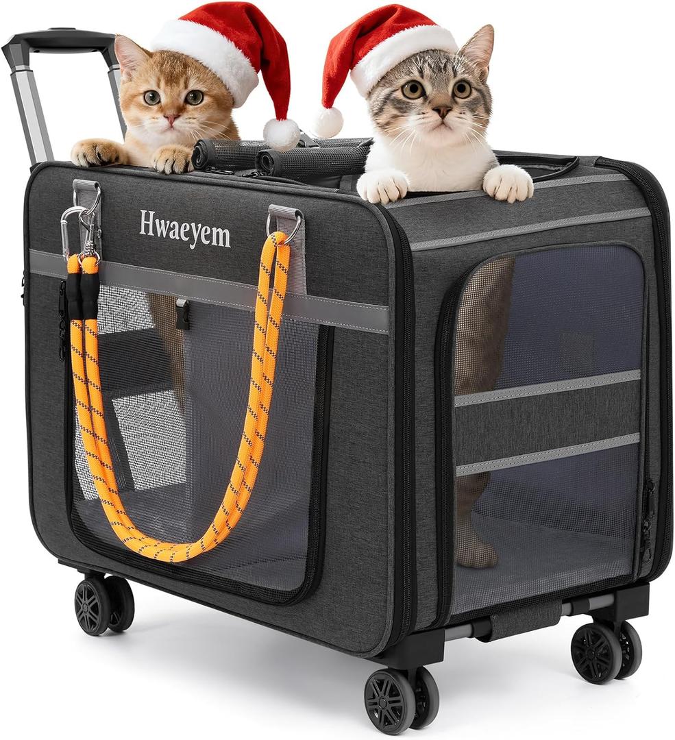 Extra Large Pet Cat Carrier with Wheels, Rolling Pet Carrier for 2 Cats or Medium Dog, 24" X 15" X 17" Portable Dog Cat Crate for Large Cat, Support up to 40 Lbs, Grey