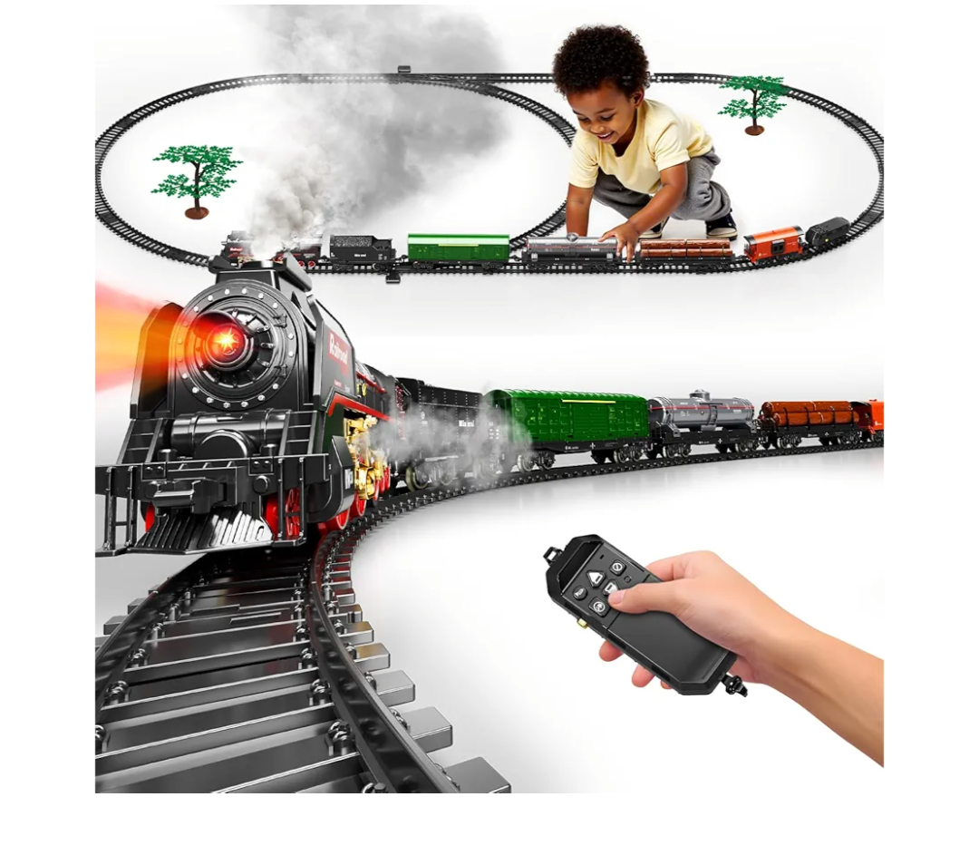 Model Train Set, Remote Control Train Toys with 3Way Smoke Locomotive, 5 Train Cars, Luxury Track Kit, Authentic Train Sounds, Lights & Smoke, Top Present for Train Lovers, Kids 3+