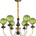 Art Deco Chandelier Green Glass Globe Chandelier 6-Light Gold Vintage Wood Pendant Light Fixtures Mid Century Ceiling Hanging Light for Living Room Bedroom Kitchen