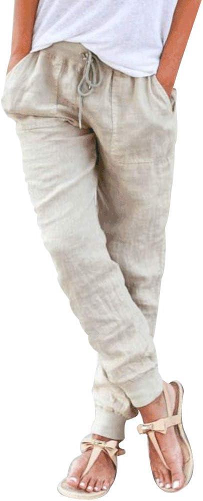 Puimentiua Womens Tapered Pants Cotton Linen Drawstring Back Elastic Waist Pants Casual Trousers with Pockets (Medium, Khaki)