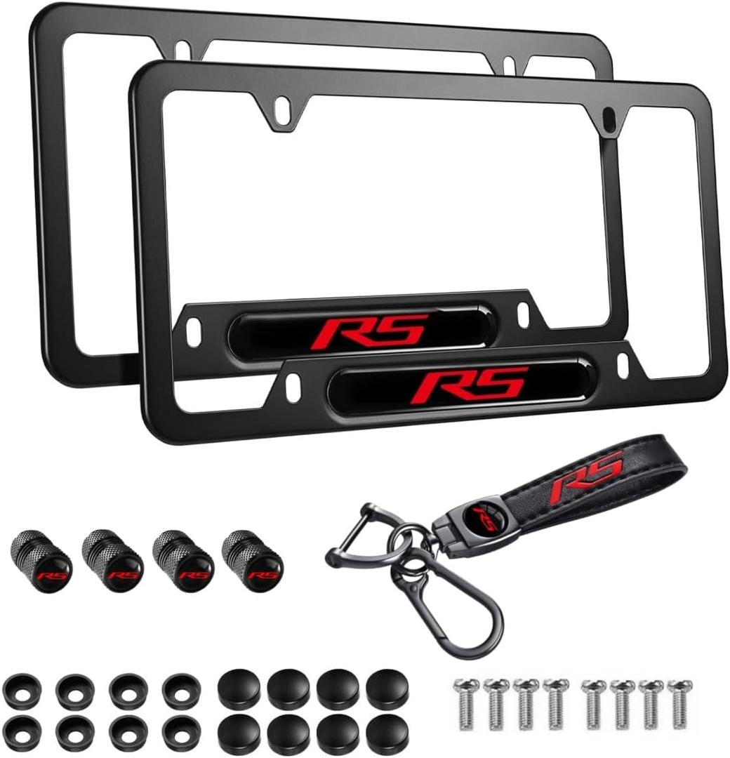 2PCS Black RS License Plate Frames Aluminum Alloy Car License Plate Holders Weather Proof License Plate Cover with Tire Valve Caps and Keychain Compatible with Camaro Malibu Cruze(RS-red)