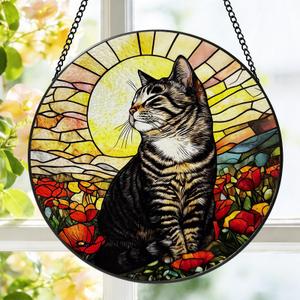 Stained Glass Window Hanging, 8 Inch Tabby Cat Suncatcher, Sun Catchers Indoor Window Ornaments, Suncatchers for Windows Hanging, Spring Home Garden Decor Panel Cat Lovers Gifts for Mom Grandma Wife