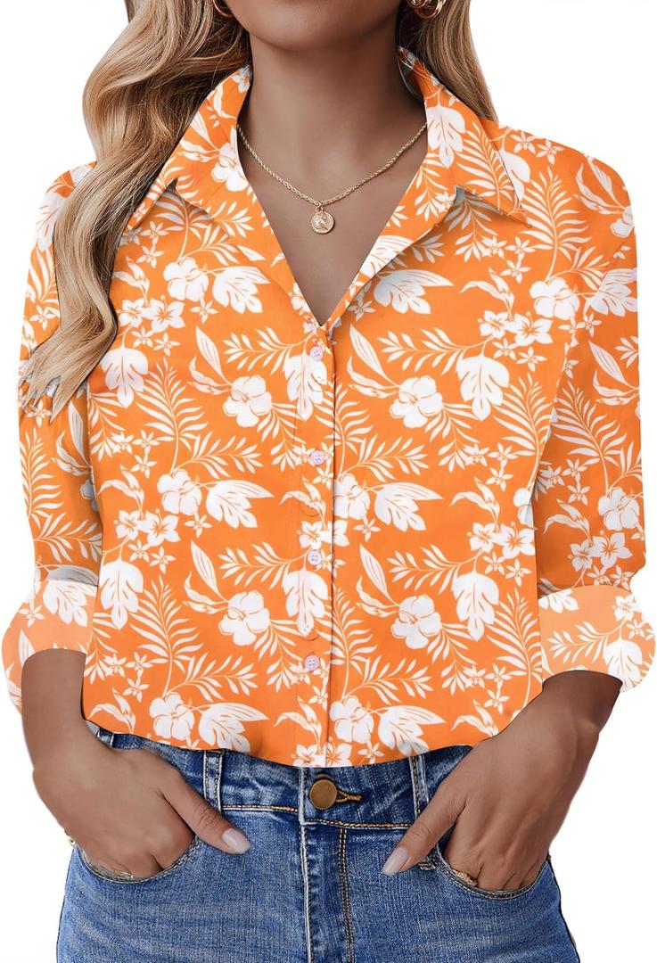 Women's Floral Boho Button Down Shirts Dress Long Sleeve Blouse Outfits Business Casual Work Tops (Orange, M)