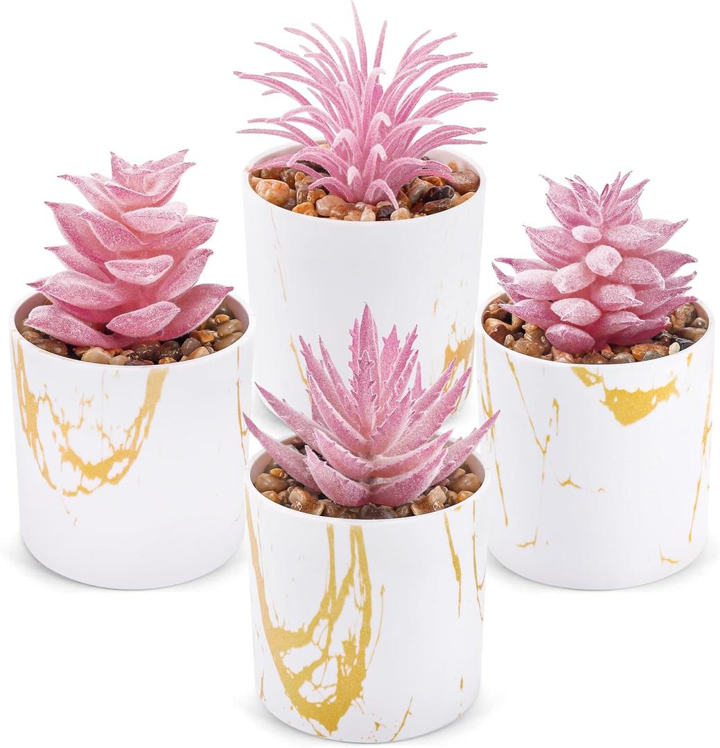Der Rose Set of 4 Succulents Plants Artificial for Office Desk Accessories for Women Pink Home Decor, Pink 