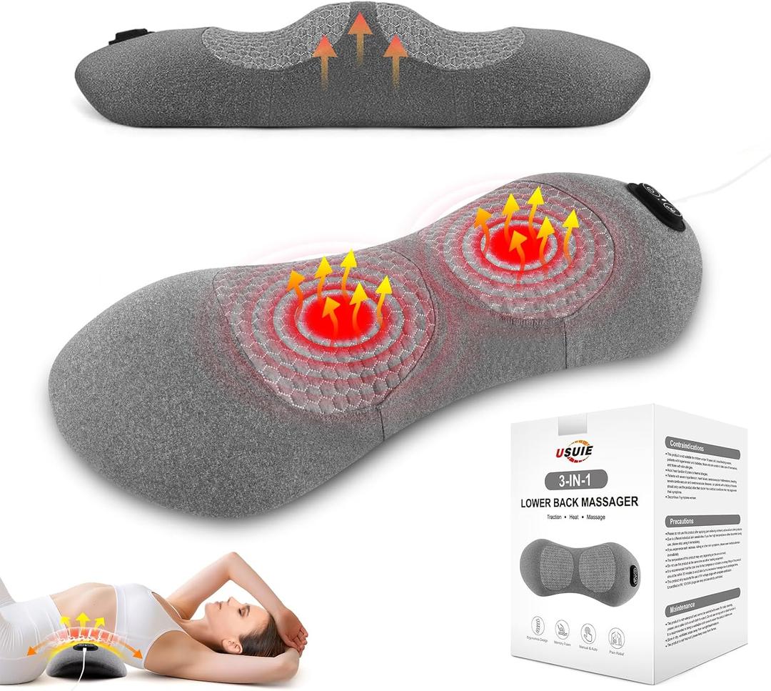 3-in-1 Electric Lumbar Support Pillow with Heat & Massage, Ergonomic Memory Foam Lower Back Massager for Pain Relief Deep Tissue, Smart Air Lift Technology, Ideal for Car/Bed/Sleeping/Office Chair