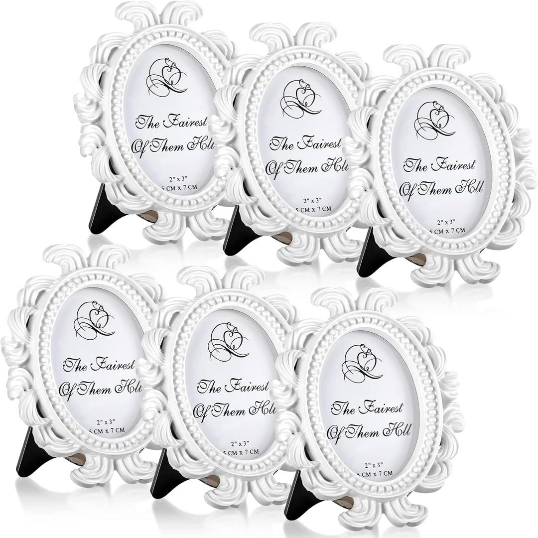 Vicenpal 6 Pieces Mini Gold Picture Frames 3.2 x 4 Inch Vintage Small Antique Resin Baroque Picture Frames Bulk Oval Hanging Display for DIY Jewelry Gifts Christmas Wedding Decor (White)