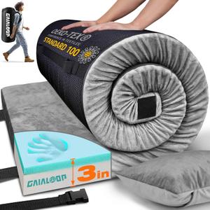 GAIALOOP 3 Inch Memory Foam Camping Mattress, Dual Layer Thick Sleeping Camp Pad for Car Tent Cot, Roll-Up Portable Glamping Floor Bed for Guests Sleepover