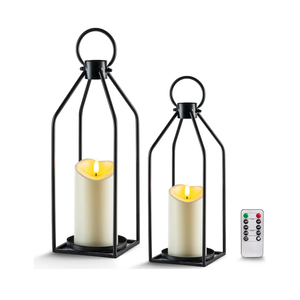 Homemory Modern Christmas Farmhouse Lantern Decor with Waterproof Flameless Candle & Remote Timer, 2PCS Black Metal Candle Lantern Decorative for Outdoor Indoor Home Living Room Patio Porch Table