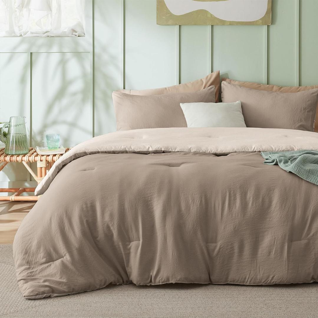 Bedsure Queen Size Comforter Set, Reversible Khaki Soft Prewashed Bedding for All Seasons, 3 Pieces Warm Down Alternative Bed Set, 1 Lightweight Comforter (90"x90") and 2 Pillowcases (20"x26")