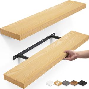 BAYKA Floating Shelves, 22.5 inches Wall Mounted Wood Shelves for Bathroom, Bedroom, Living Room, Kitchen, Hanging Shelf for Books/Storage/Decor (Oak-Toned,Set of 2) 