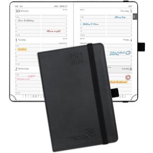 POPRUN Pocket Planner 2025-2026 (Purse Size 4'' x 6.25'') Academic Small Calendar (July 2025 - June 2026) with Hourly Time Slots, 100GSM Thick Papers, Leather Soft Cover - Black