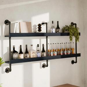 Bar Shelves, Wall Mounted Wine Rack, Black, 60 Inch | 2 Tier, Industrial style, Solid pine shelves, black pipe brackets, 70 lbs per shelf, wine, liquor, bar decor