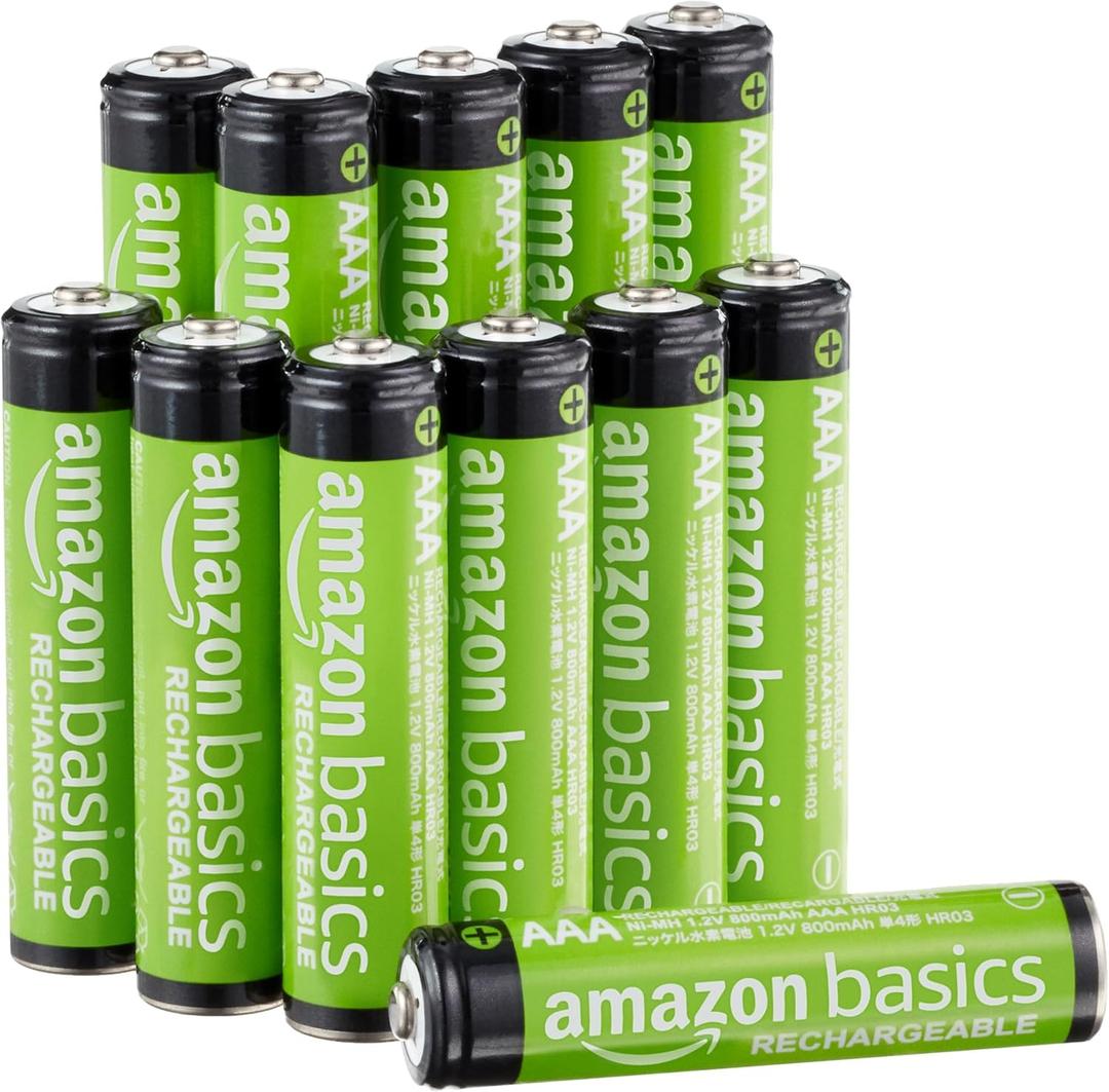 Amazon Basics 12-Pack Rechargeable AAA NiMH Performance Batteries, 800 mAh, 1.2V, Recharge up to 1000x Times, Pre-Charged
