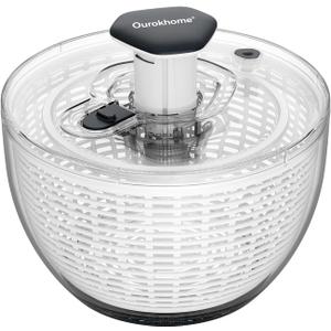 Ourokhome 6.3 QT Salad Spinner with Fully Removable Lid, Large Lettuce Dryer with One-Hand Press Pump, Instant Stop Brake Button and Retractable Handle, Vegetable Washer & Spinner for Greens and Herbs
