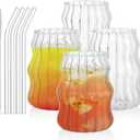 Tebery 4 Pack Ribbed Aesthetic Glass Cups with Glass Straw, 16Oz Vintage Drinking Glassware Ripple Cocktail Glasses for Iced Coffee Juice Beverage Milk RibbedGlassCups-4pc