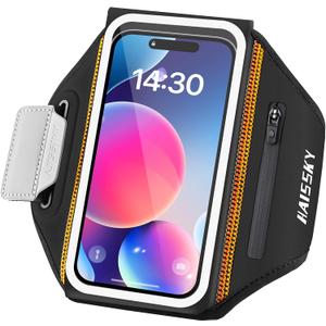 Running Armband with Earphone Bag Cell Phone Armband for iPhone 16 15 Pro 14 Plus 13 11 XR XS, Galaxy S24/S10 Water Resistant Sports Phone Holder Case & Zipper Slot Car Key Holder for 6.9 inch Phone (Black (Up to 6.9''))