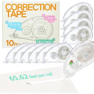 White Correction Tape, 10 Pack Bulk, Extra Long 65.62 Feet x 0.197 Inch, Strong Covering Power for Instant Corrections, Clear for Writing & No Marks for Copying, for School and Office
