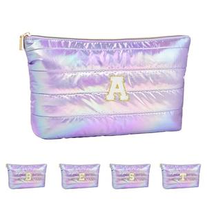 ARISTOTE Personalized Initial Quilted Makeup Bag, Large Cute Cosmetic Bag, Cotton Iridescent Travel Toiletry Organizer Bags, Gifts for Girl Girlfriend Teen Girls Gift Trendy Stuff (A, purple)