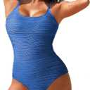 Pink Queen Womens One Piece Swimsuits High Waisted Tummy Control Bathing Suit Textured Swimwear (Large, Dodge Blue)