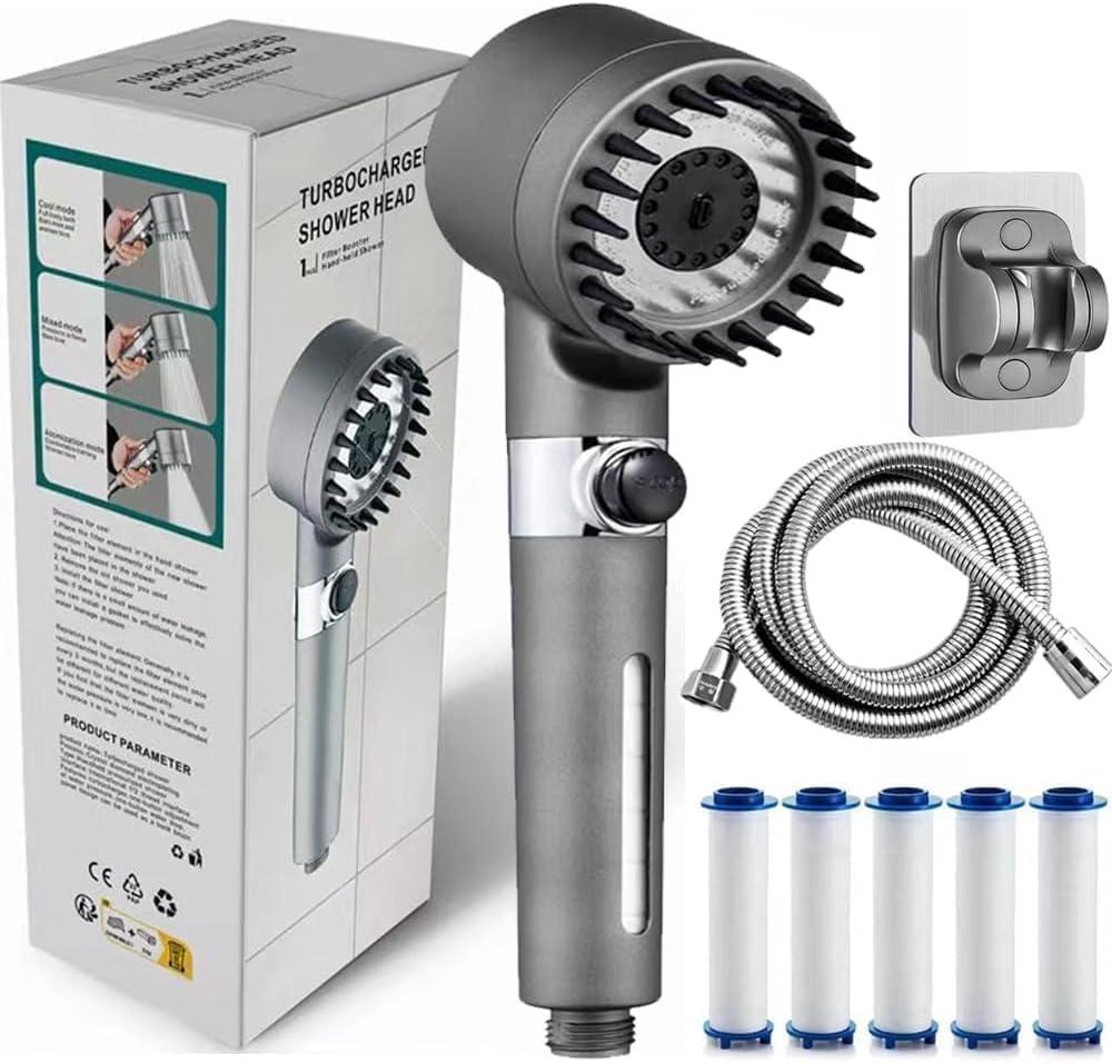 Ion Shower Drops Head Filtered Showerhead With Five Filters, Filtered Shower Head With Handheld, High Pressure Turbo Showerhead, Reusable, Adjustable Settings With Hose (Gray)