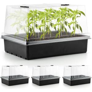 4-Pack Seed Starter Trays with 5'' Tall Humidity Domes  Reusable Plant Germination Kit for Microgreens, Herbs & Indoor Gardening | Clear Vented Lids, Fast Seedling Growth & Durable Design