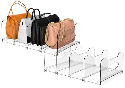 SURETIVIAN 2-Pack Purse Organizers for Closet, Adjustable Small Shelf Divider Rack for Closet, Clear Handbag Storage Organizer, Plastic Bookshelf Separator Divider for Bedroom Living Room Office