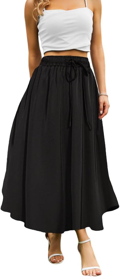 Abaadlw Maxi Skirts for Women with Pockets Long Midi Length Casual Skirt (Solid Black S)